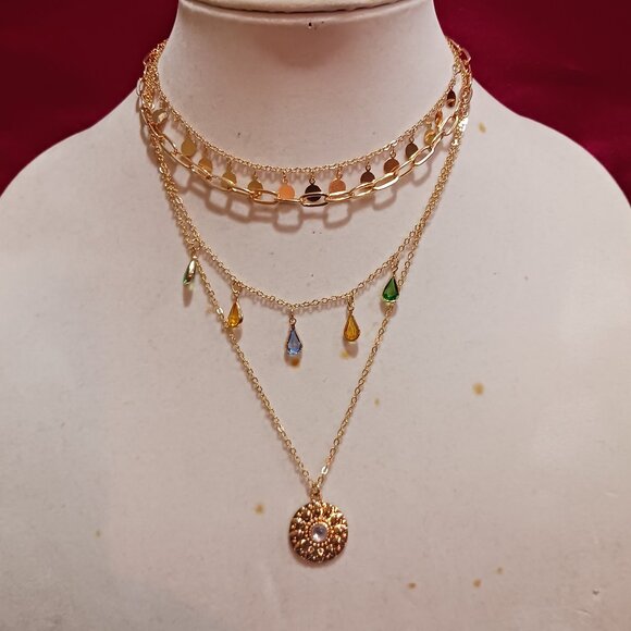 Source Unknown Jewelry - NWOT Boho Gold Sun Pendant Crystal Multilayered Chain Fashion Necklace